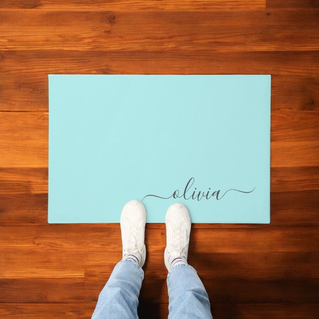 Aqua Blue Teal Modern Script Girly Monogram Name Doormat (Creator Uploaded)