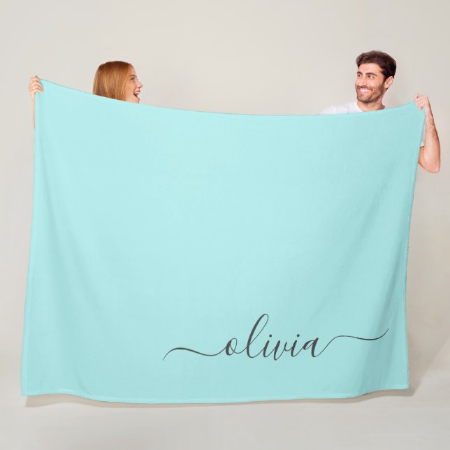 Aqua Blue Teal Modern Script Girly Monogram Name Fleece Blanket (In Situ)