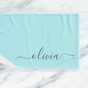 Aqua Blue Teal Modern Script Girly Monogram Name Hand Towel