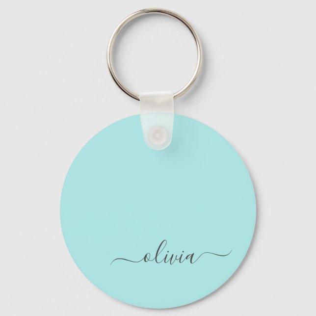 Aqua Blue Teal Modern Script Girly Monogram Name Keychain (Front)