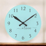 Aqua Blue Teal Modern Script Girly Monogram Name Large Clock<br><div class="desc">Aqua Blue Teal Simple Script Monogram Name Clock. This makes the perfect sweet 16 birthday,  wedding,  bridal shower,  anniversary,  baby shower or bachelorette party gift for someone that loves glam luxury and chic styles.</div>