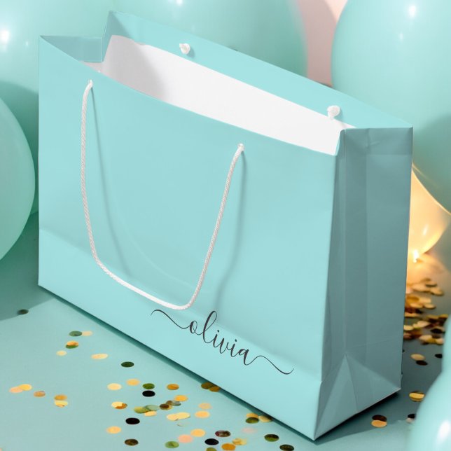 Aqua Blue Teal Modern Script Girly Monogram Name Large Gift Bag (Creator Uploaded)
