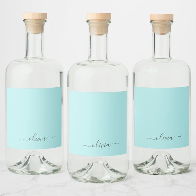 Aqua Blue Teal Modern Script Girly Monogram Name Liquor Bottle Label (Bottles)