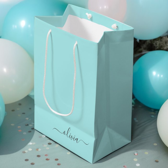 Aqua Blue Teal Modern Script Girly Monogram Name Medium Gift Bag (Creator Uploaded)