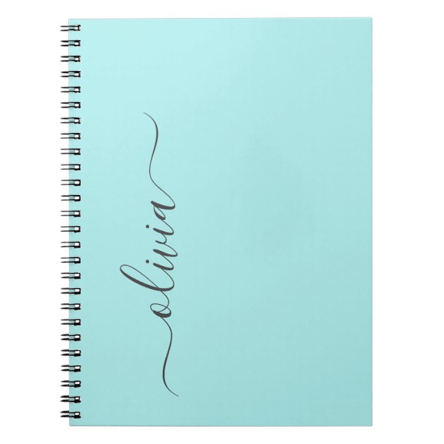 Aqua Blue Teal Modern Script Girly Monogram Name Notebook (Front)