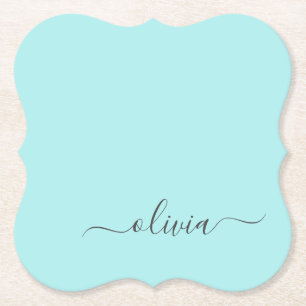 Aqua Blue Teal Modern Script Girly Monogram Name Paper Coaster