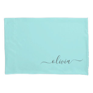 Aqua Blue Teal Modern Script Girly Monogram Name Pillowcase