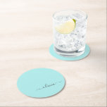 Aqua Blue Teal Modern Script Girly Monogram Name Round Paper Coaster<br><div class="desc">Aqua Blue Teal Simple Script Monogram Name Paper Coasters. This makes the perfect graduation,  birthday,  wedding,  bridal shower,  anniversary,  baby shower or bachelorette party gift for someone that loves glam luxury and chic styles.</div>