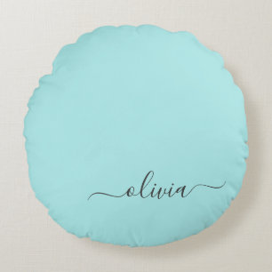 Aqua Blue Teal Modern Script Girly Monogram Name Round Pillow