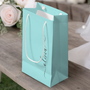 Aqua Blue Teal Modern Script Girly Monogram Name Small Gift Bag