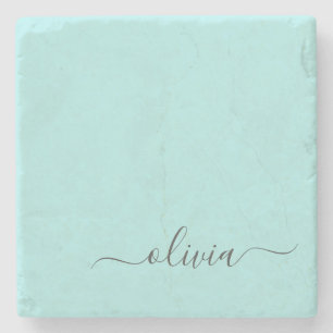 Aqua Blue Teal Modern Script Girly Monogram Name Stone Coaster
