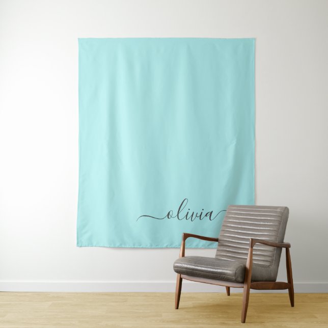 Aqua Blue Teal Modern Script Girly Monogram Name Tapestry (In Situ)