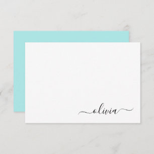 Aqua Blue Teal Modern Script Girly Monogram Name Thank You Card