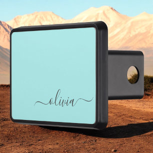 Aqua Blue Teal Modern Script Girly Monogram Name Trailer Hitch Cover