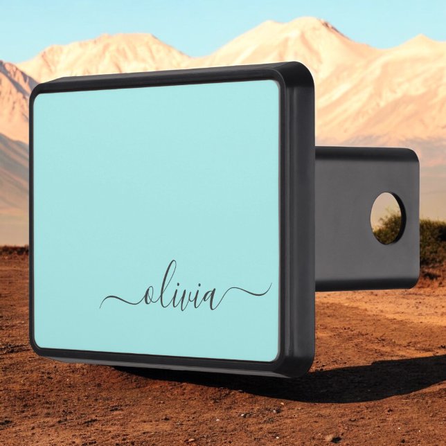 Aqua Blue Teal Modern Script Girly Monogram Name Trailer Hitch Cover (Creator Uploaded)