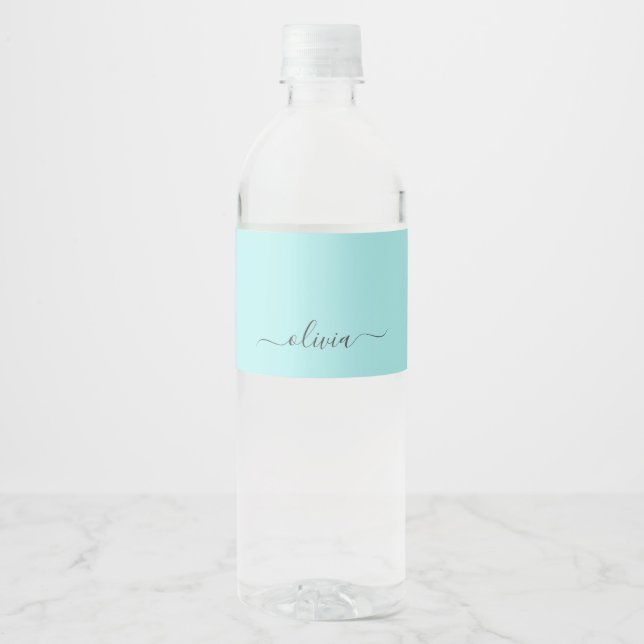Aqua Blue Teal Modern Script Girly Monogram Name Water Bottle Label (Front)