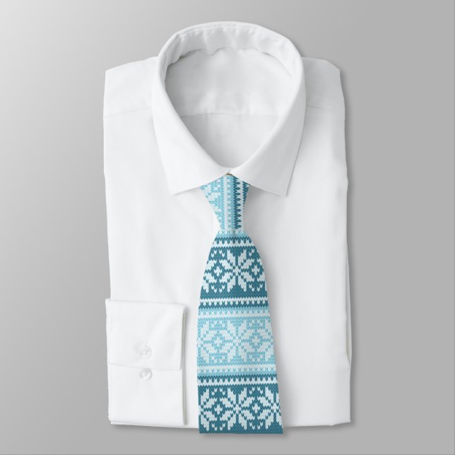 Aqua Blue Teal Poinsettia Christmas Pattern Tie (Tied)