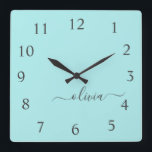 Aqua Blue Teal Script Monogram Girly Name Square Wall Clock<br><div class="desc">Aqua Blue Teal Script Monogram Name Clock. This makes the perfect sweet 16 birthday,  wedding,  bridal shower,  anniversary,  baby shower or bachelorette party gift for someone that loves glam luxury and chic styles.</div>