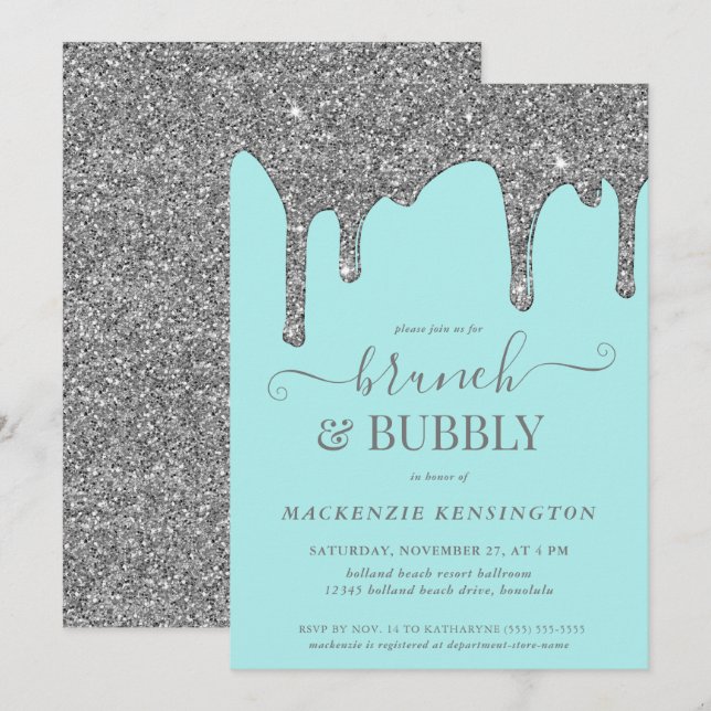 Aqua Blue Teal Silver Glitter Drips Brunch Bubbly Invitation (Front/Back)
