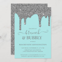 Aqua Blue Teal Silver Glitter Drips Brunch Bubbly