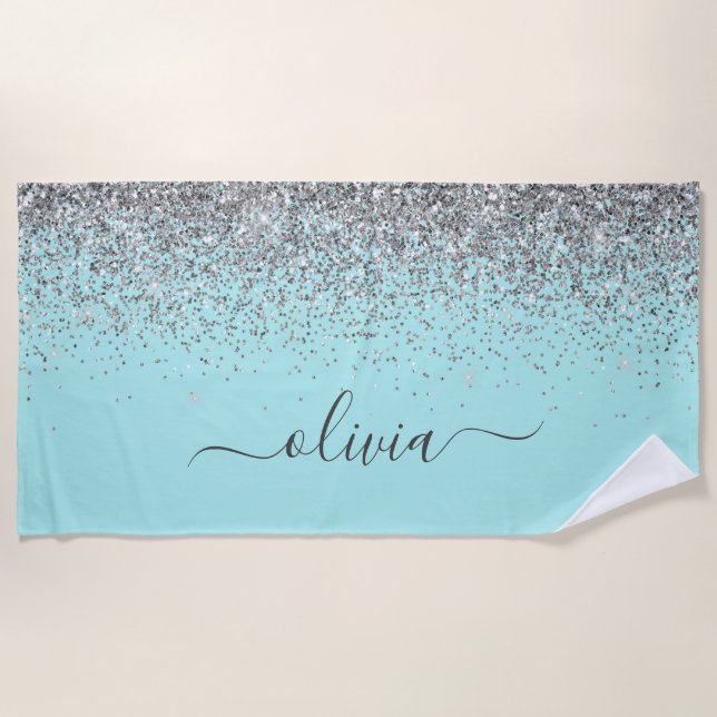 Aqua Blue Teal Silver Glitter Monogram Beach Towel (Front)