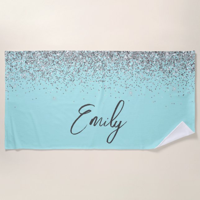 Aqua Blue Teal Silver Glitter Monogram Beach Towel (Front)