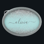 Aqua Blue Teal Silver Glitter Monogram Belt Buckle<br><div class="desc">Aqua Blue - Teal and Silver Sparkle Glitter Script Monogram Name Belt Buckle. This makes the perfect graduation, sweet 16 16th, 18th, 21st, 30th, 40th, 50th, 60th, 70th, 80th, 90th, 100th birthday, wedding, bridal shower, anniversary, baby shower or bachelorette party gift for someone that loves glam luxury and chic styles....</div>