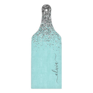 Aqua Blue Teal Silver Glitter Monogram Cutting Board