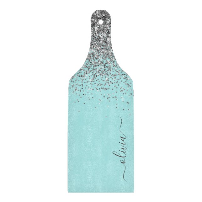 Aqua Blue Teal Silver Glitter Monogram Cutting Board (Front)