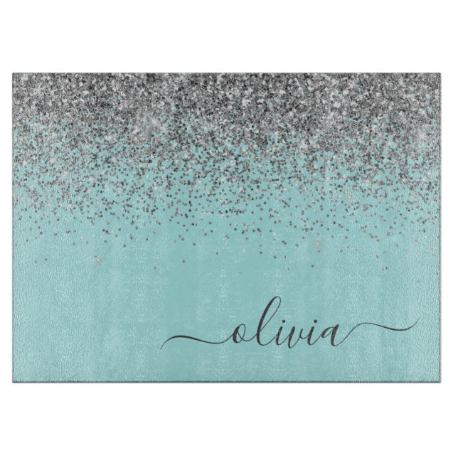 Aqua Blue Teal Silver Glitter Monogram Cutting Board (Front)