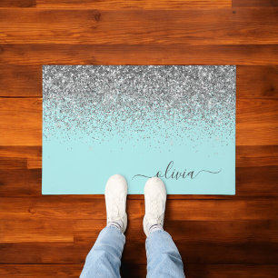 Aqua Blue - Teal Silver Glitter Monogram Doormat