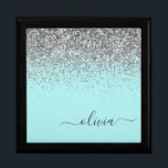 Aqua Blue Teal Silver Glitter Monogram Gift Box<br><div class="desc">Aqua Blue - Teal and Silver Sparkle Glitter script Monogram Name Jewellery Keepsake Box. This makes the perfect graduation,  birthday,  wedding,  bridal shower,  anniversary,  baby shower or bachelorette party gift for someone that loves glam luxury and chic styles.</div>
