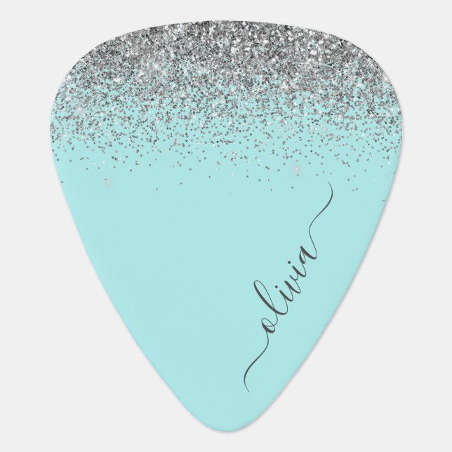 Aqua Blue Teal Silver Glitter Monogram Guitar Pick (Front)