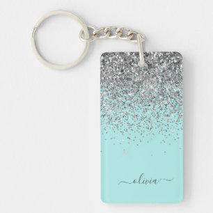 Aqua Blue Teal Silver Glitter Monogram Keychain