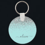 Aqua Blue Teal Silver Glitter Monogram Keychain<br><div class="desc">Aqua Blue - Teal and Silver Sparkle Glitter Script Monogram Name Keychains (Key Chain). This makes the perfect sweet 16 birthday,  wedding,  bridal shower,  anniversary,  baby shower or bachelorette party gift for someone that loves glam luxury and chic styles.</div>