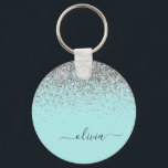 Aqua Blue Teal Silver Glitter Monogram Keychain<br><div class="desc">Aqua Blue - Teal and Silver Sparkle Glitter Script Monogram Name Keychains (Key Chain). This makes the perfect sweet 16 birthday,  wedding,  bridal shower,  anniversary,  baby shower or bachelorette party gift for someone that loves glam luxury and chic styles.</div>