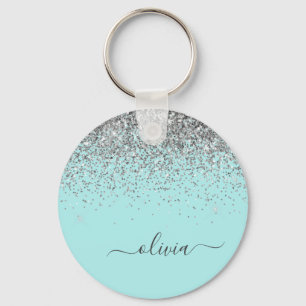 Aqua Blue Teal Silver Glitter Monogram Keychain