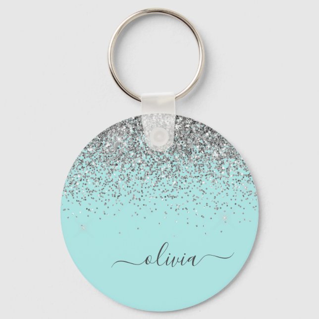 Aqua Blue Teal Silver Glitter Monogram Keychain (Front)
