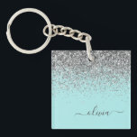 Aqua Blue Teal Silver Glitter Monogram Keychain<br><div class="desc">Aqua Blue - Teal and Silver Faux Foil Sparkle Glitter Script Monogram Name Keychain. This makes the perfect sweet 16 birthday,  wedding,  bridal shower,  anniversary,  baby shower or bachelorette party gift for someone that loves glam luxury and chic styles.</div>