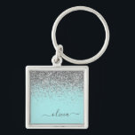 Aqua Blue Teal Silver Glitter Monogram Keychain<br><div class="desc">Aqua Blue - Teal and Silver Sparkle Glitter Script Monogram Name Keychains (Key Chain). This makes the perfect sweet 16 birthday,  wedding,  bridal shower,  anniversary,  baby shower or bachelorette party gift for someone that loves glam luxury and chic styles.</div>