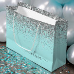 Aqua Blue Teal Silver Glitter Monogram Large Gift Bag<br><div class="desc">Aqua Blue - Teal and Silver Sparkle Glitter Script Monogram Name Gift Bag. This makes the perfect sweet 16 birthday,  wedding,  bridal shower,  anniversary,  baby shower or bachelorette party gift bag for someone that loves glam luxury and chic styles.</div>