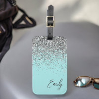 Aqua Blue Teal Silver Glitter Monogram
