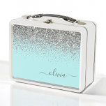 Aqua Blue Teal Silver Glitter Monogram Metal Lunch Box<br><div class="desc">Aqua Blue - Teal and Silver Sparkle Glitter Brushed Metal Monogram Name Lunch Box. This makes the perfect sweet 16 birthday or going back to school gift for someone that loves glam luxury and chic styles.</div>