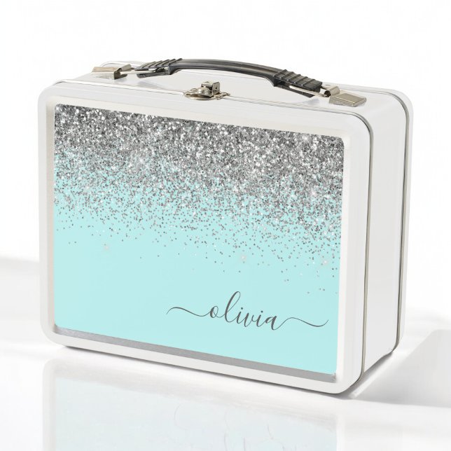 Aqua Blue Teal Silver Glitter Monogram Metal Lunch Box (Creator Uploaded)
