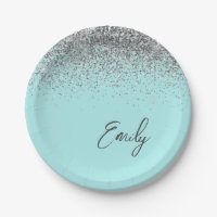 Aqua Blue Teal Silver Glitter Monogram