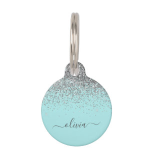 Aqua Blue Teal Silver Glitter Monogram Pet Tag