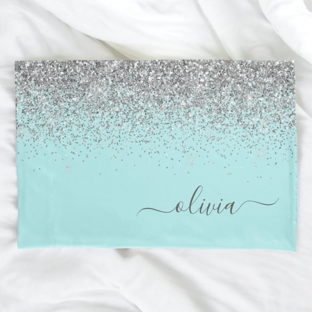 Aqua Blue Teal Silver Glitter Monogram Pillowcase (Creator Uploaded)