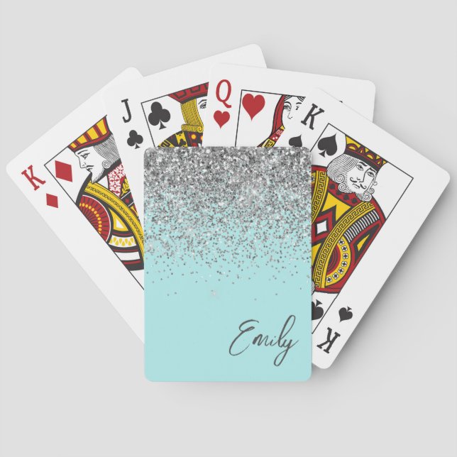 Aqua Blue Teal Silver Glitter Monogram Playing Cards (Back)