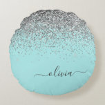 Aqua Blue Teal Silver Glitter Monogram Round Pillow<br><div class="desc">Aqua Blue - Teal and Silver Sparkle Glitter Script Monogram Name Pouf Pillow. The pillow makes the perfect sweet 16 birthday,  wedding,  bridal shower,  baby shower or bachelorette party gift for someone decorating her room in rose gold.</div>