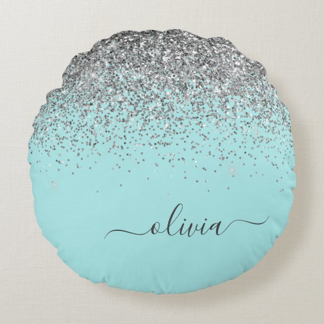 Aqua Blue Teal Silver Glitter Monogram Round Pillow (Front)